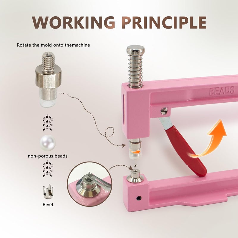 AILUHONG Pearl Setting Machine Hand Press Tools 2 Boxes White No Holes Pearl Beads with Rivet Studs Screw Heads L Hexagon Wrench for Decorating Clothes Hat Trousers Dresses Bag Hair Band DIY Crafts (Pink) - Image 3